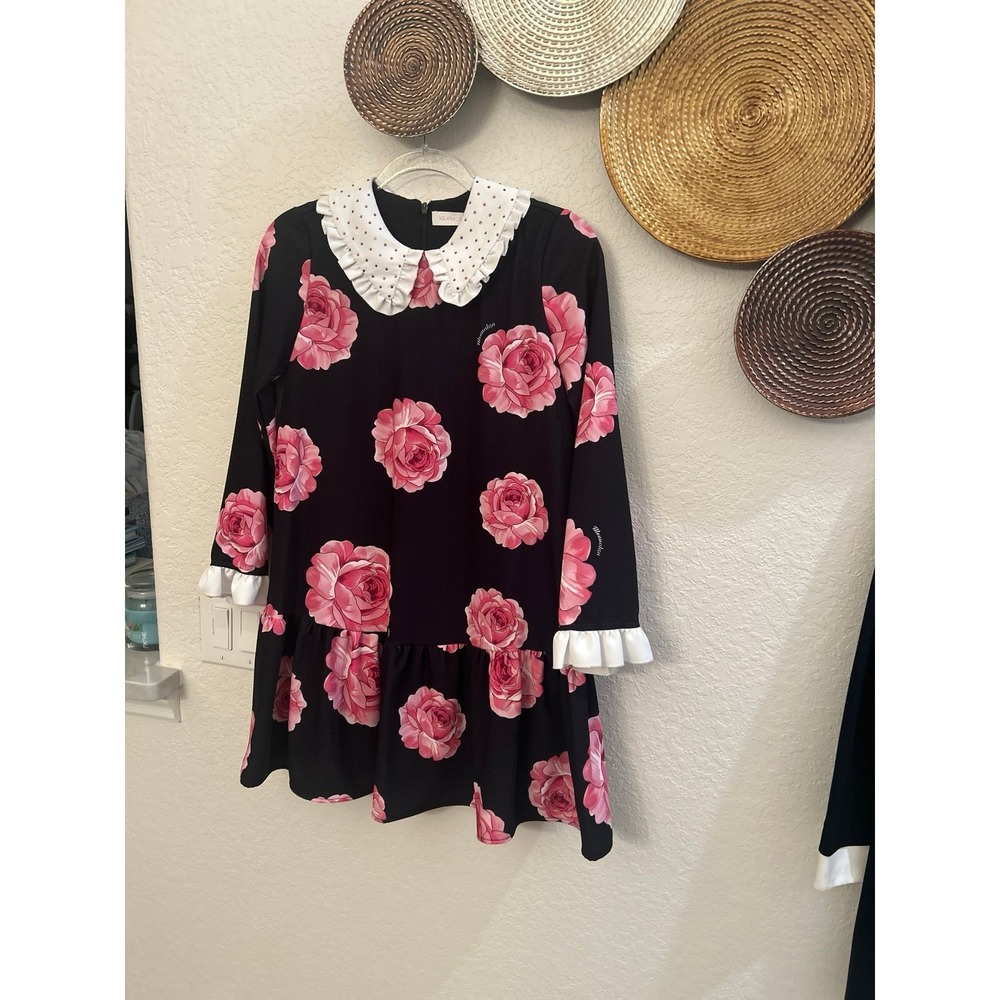 Monnalisa Floral Printed Cady Dress polka-dot collar size 12